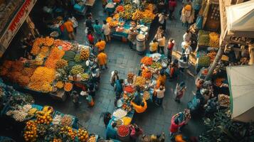 A bustling market scene filled with vibrant fruits and people engaging in trade. photo