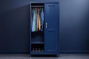 A blue wardrobe with hanging clothes and shoes, designed for storage and organization photo