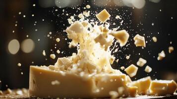 A block of cheese exploding into small pieces, showcasing a dynamic food scene. photo