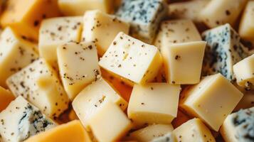 A close-up of assorted cheese cubes, showcasing different textures and colors photo