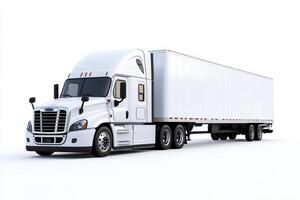 A white semi truck with a large trailer, designed for transporting goods photo