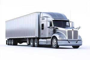 A silver semi-truck with a trailer, designed for transporting goods efficiently. photo