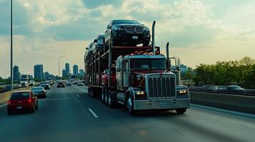 A truck transporting cars on a highway with a city skyline in the background. photo