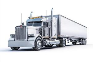 A shiny semi-truck with a large trailer, designed for transporting goods. photo