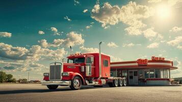 A red truck parked near a retro diner under a blue sky with clouds. photo