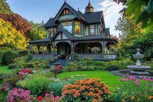 A charming Victorian house surrounded by a lush garden filled with colorful flowers photo