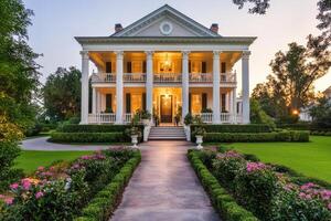 A grand two-story house with columns, surrounded by manicured gardens and flowers photo