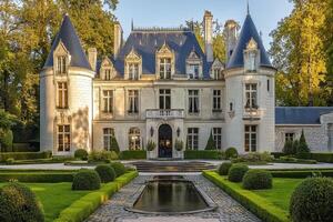 A picturesque chateau surrounded by manicured gardens and a reflecting pool photo