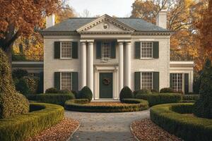 A classic brick house surrounded by neatly trimmed hedges and autumn foliage photo