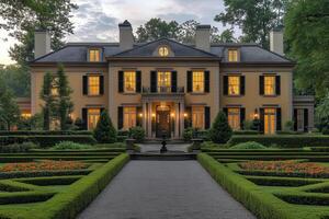 A grand mansion surrounded by manicured gardens at dusk photo
