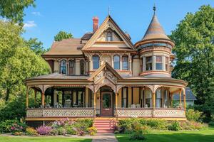 A beautiful Victorian-style house surrounded by lush greenery and colorful flowers photo