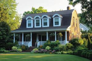 A charming two-story house surrounded by lush greenery and colorful flowers photo