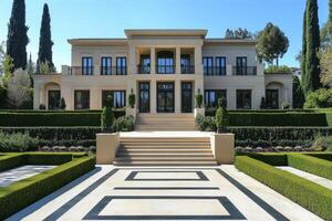 A grand mansion with a symmetrical facade and landscaped gardens photo