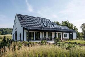 Modern farmhouse with a sleek design surrounded by greenery and open space photo