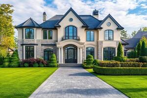 A beautiful modern house with landscaped gardens and a paved driveway under a blue sky photo