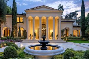 A luxurious mansion with classical architecture and a fountain in a beautifully landscaped garden photo