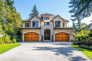 A luxurious home with a landscaped driveway and wooden garage doors surrounded by trees photo