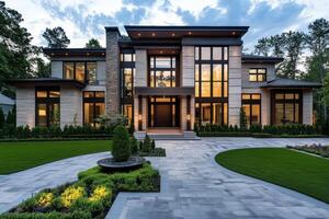 Modern architectural design featuring a spacious home with landscaped surroundings photo