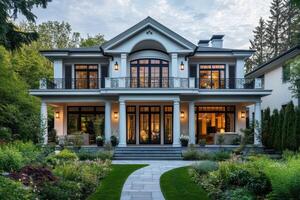 Elegant modern house with a landscaped garden, showcasing architectural beauty and design photo