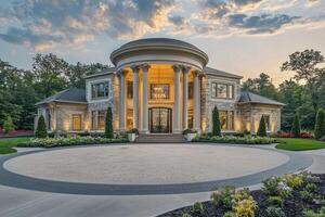 A grand, modern mansion featuring classical architecture and lush landscaping photo