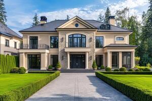 A luxurious modern mansion surrounded by well-manicured lawns and trees photo