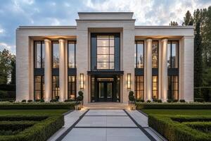 Modern architectural facade featuring columns, large windows, and landscaped surroundings photo