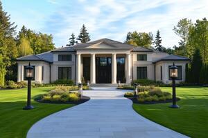 A modern, elegant house with a landscaped front yard and a curved pathway leading to the entrance photo
