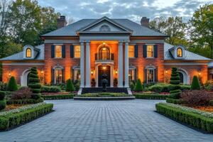 A luxurious brick mansion with elegant landscaping and warm lighting photo
