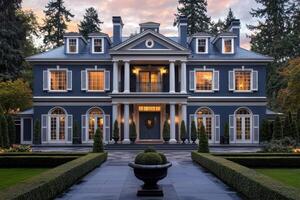 A grand, elegant mansion with classic architecture and landscaped surroundings photo