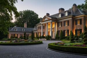 A grand brick mansion with elegant landscaping and a circular driveway at dusk photo
