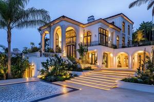 Elegant mansion with illuminated pathways and lush landscaping at dusk photo