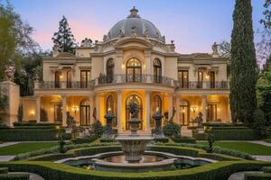 Luxurious mansion with a grand fountain and elegant landscaping at sunset photo
