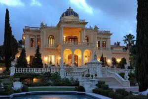 A grand mansion with elegant architecture and lush gardens under a twilight sky photo