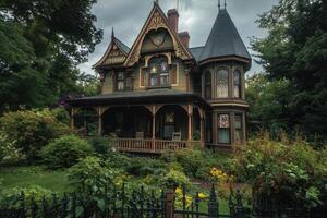 A beautifully designed Victorian house surrounded by lush gardens and intricate architecture photo