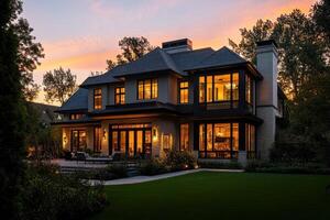 A modern home at sunset, showcasing elegant architecture and serene landscaping photo