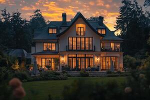 A beautifully designed house illuminated at sunset, surrounded by a lush garden photo