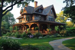 A charming wooden house surrounded by lush gardens and pathways in a serene setting photo