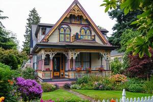 A beautifully designed Victorian house surrounded by vibrant flowers and greenery photo