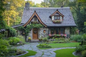 A charming cottage surrounded by lush greenery and vibrant flowers photo