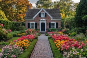 A charming brick house surrounded by vibrant flower gardens and a winding pathway photo