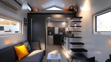 Modern tiny house interior featuring a loft, kitchen, and cozy living area photo
