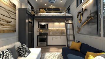 Modern tiny house interior with lofted bed, kitchen, and cozy living area photo