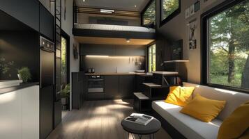Modern tiny house interior with a loft, kitchen, and cozy living area photo