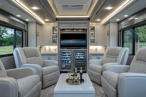 Modern RV interior with comfortable seating and a mini bar setup photo
