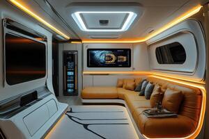 Modern lounge with sleek design and ambient lighting, featuring a couch and entertainment system photo