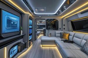 Modern interior of a luxurious van featuring sleek design and ambient lighting photo
