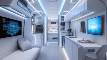 Modern interior of a sleek, futuristic living space with advanced technology and minimalistic design photo