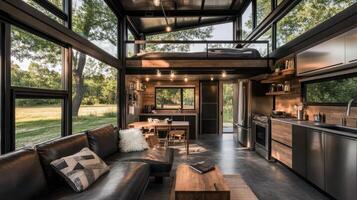 Modern interior of a cozy, stylish home with large windows and a lofted sleeping area photo