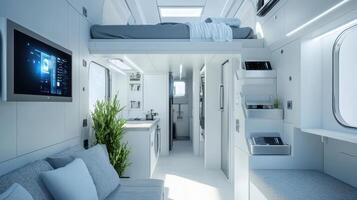 Modern compact living space with a loft bed and minimalist design photo