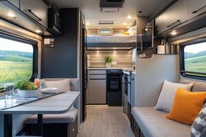 Modern camper interior with kitchen, dining area, and sleeping space photo